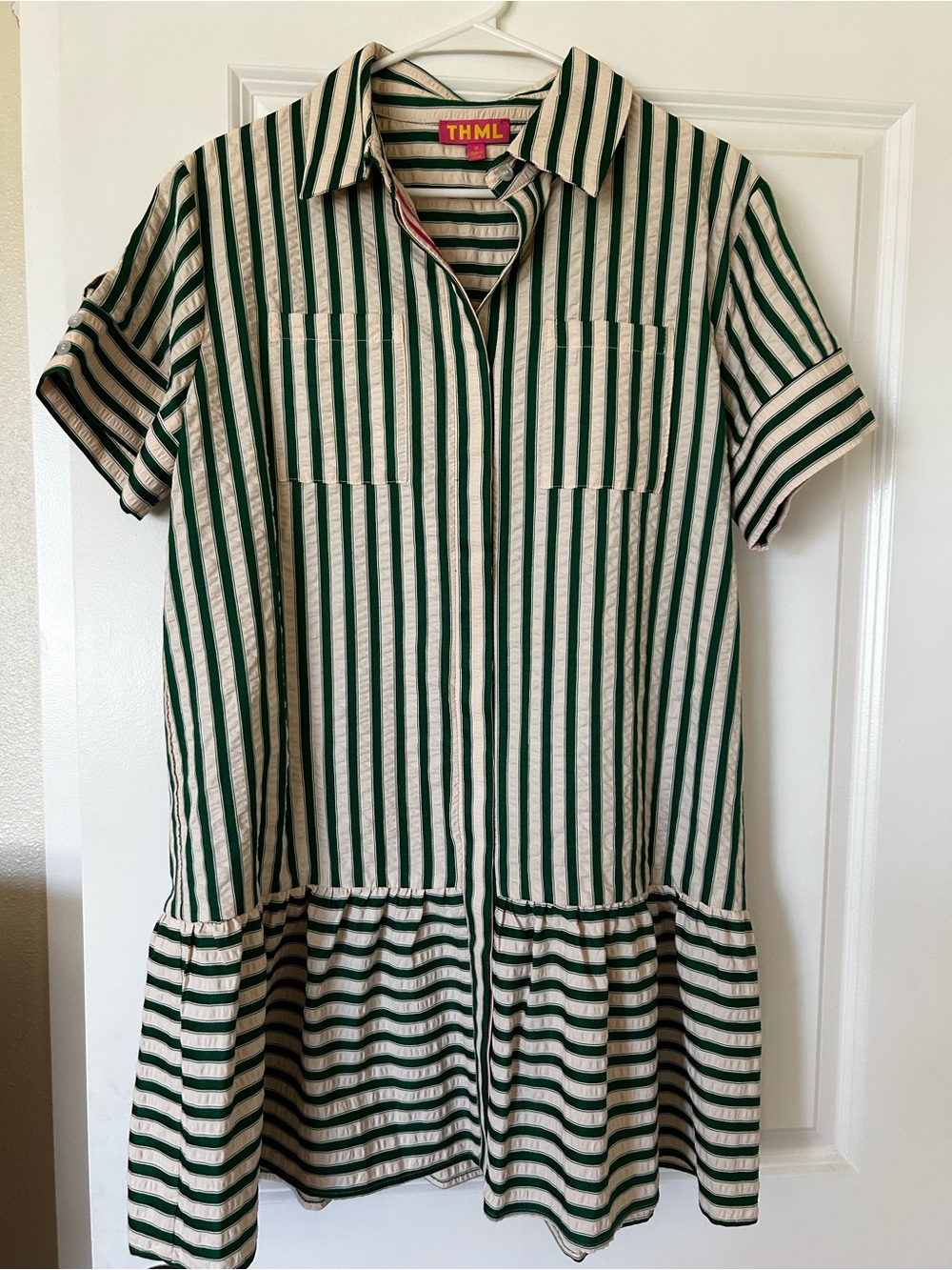 THML Green & Cream Striped Short Sleeve Shirt Dress